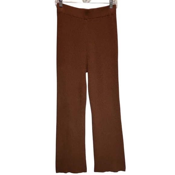 Brown Ribbed Knit High Rise Lounge Pants Relaxed Fit w/ Wide Legs - Medium - Picture 1 of 6